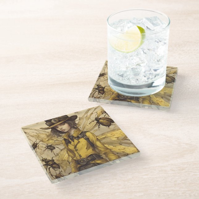 Steampunk Insect Lady Glass Coaster (Angled)