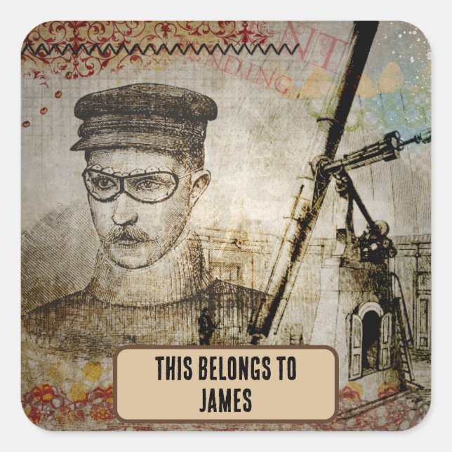 Steampunk Inventor Scientist Telescope Belongs to Square Sticker (Front)