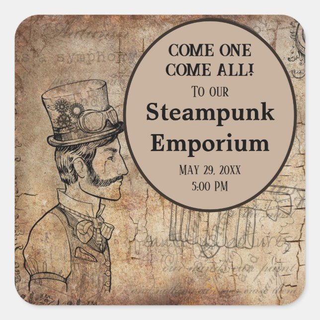 Steampunk Inventor Top Hat Personalized Event Square Sticker (Front)