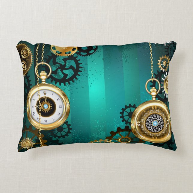 Steampunk Jewelry Watch on a Green Background Accent Pillow (Front)
