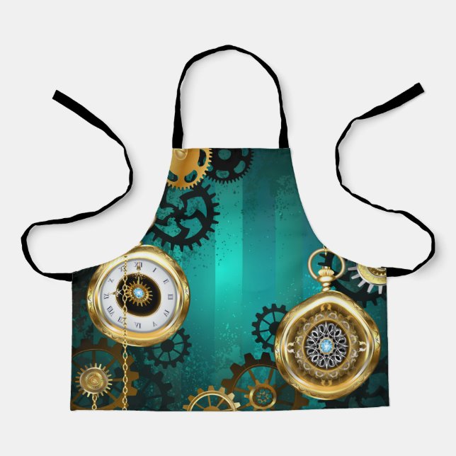 Steampunk Jewelry Watch on a Green Background Apron (Front)