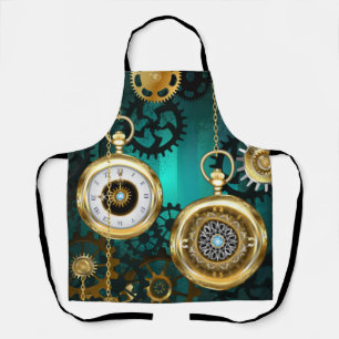 Steampunk Jewelry Watch on a Green Background Apron