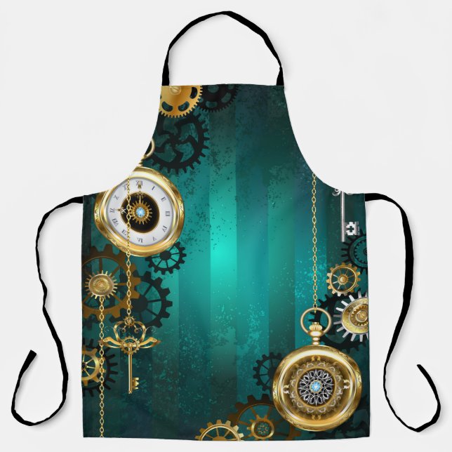 Steampunk Jewelry Watch on a Green Background Apron (Front)