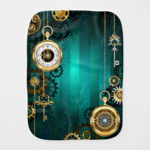 Steampunk Jewelry Watch on a Green Background Baby Burp Cloth