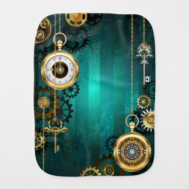 Steampunk Jewelry Watch on a Green Background Baby Burp Cloth (Front)