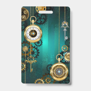 Steampunk Jewelry Watch on a Green Background Badge