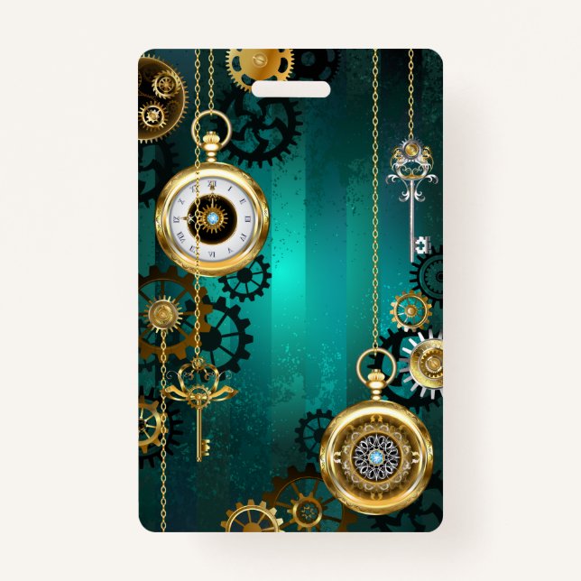 Steampunk Jewelry Watch on a Green Background Badge (Front)