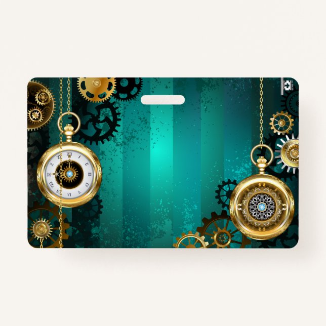 Steampunk Jewelry Watch on a Green Background Badge (Front)