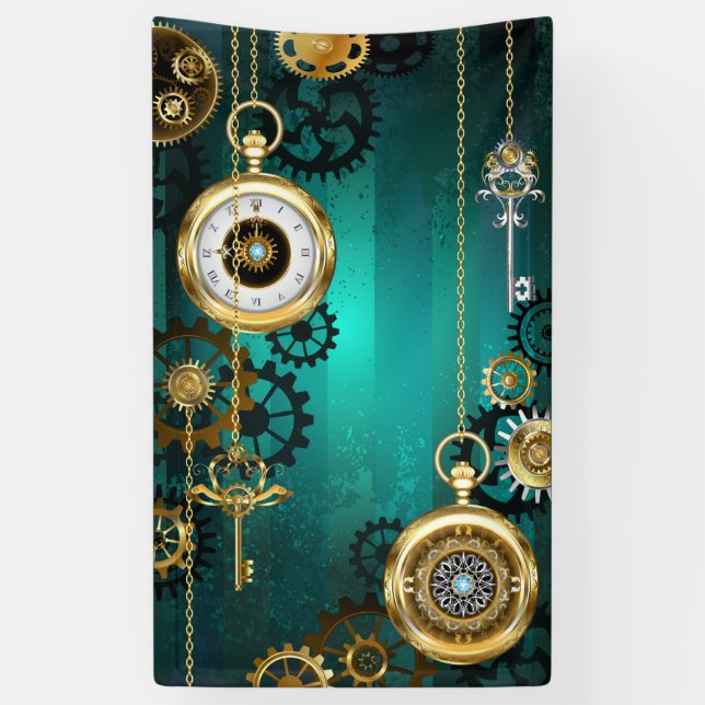 Steampunk Jewelry Watch on a Green Background Banner (Vertical)