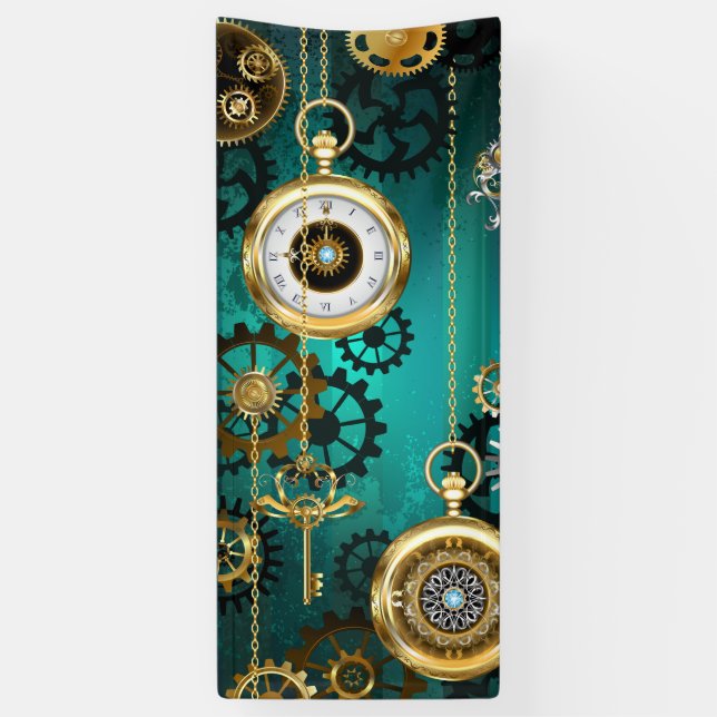 Steampunk Jewelry Watch on a Green Background Banner (Vertical)