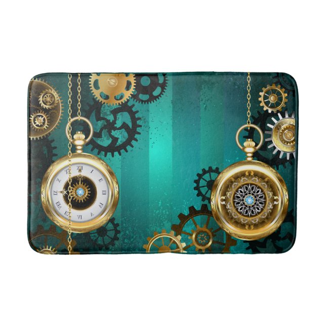 Steampunk Jewelry Watch on a Green Background Bath Mat (Front)