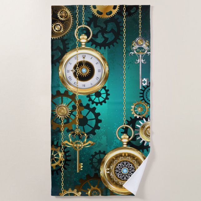 Steampunk Jewelry Watch on a Green Background Beach Towel (Front)