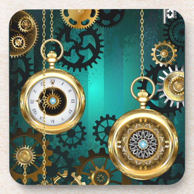 Steampunk Jewelry Watch on a Green Background Beverage Coaster (Front)