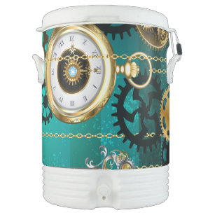 Steampunk Jewelry Watch on a Green Background Beverage Cooler