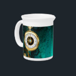 Steampunk Jewelry Watch on a Green Background Beverage Pitcher<br><div class="desc">Jewelry, gold watch with a gold chain and keys on a green textural background. Steampunk style.</div>