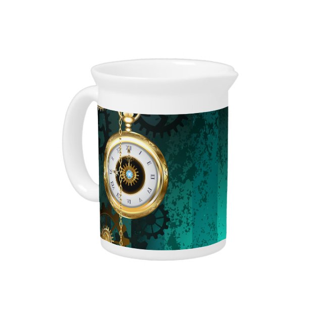 Steampunk Jewelry Watch on a Green Background Beverage Pitcher (Left)