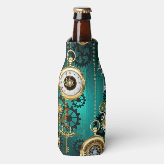 Steampunk Jewelry Watch on a Green Background Bottle Cooler (Bottle Front)