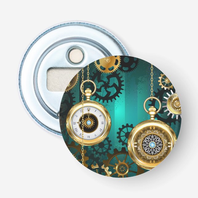 Steampunk Jewelry Watch on a Green Background Bottle Opener (Front)