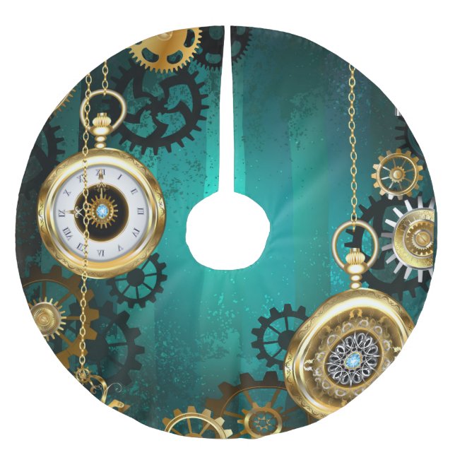Steampunk Jewelry Watch on a Green Background Brushed Polyester Tree Skirt (Front)