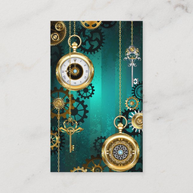 Steampunk Jewelry Watch on a Green Background Business Card (Front)