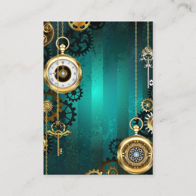 Steampunk Jewelry Watch on a Green Background Business Card (Front)