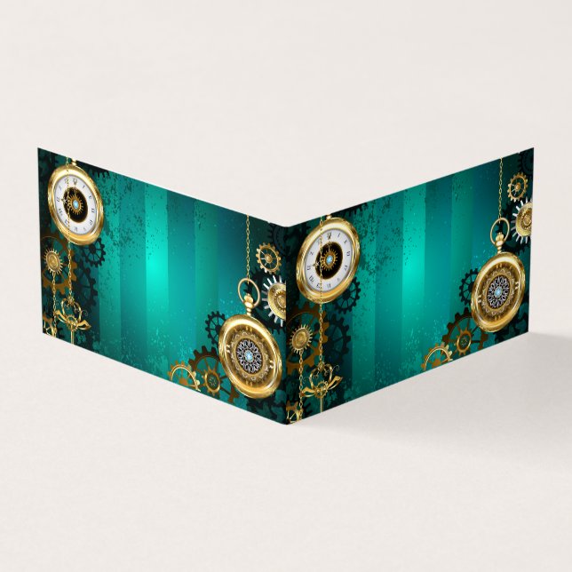 Steampunk Jewelry Watch on a Green Background Business Card (Outside)