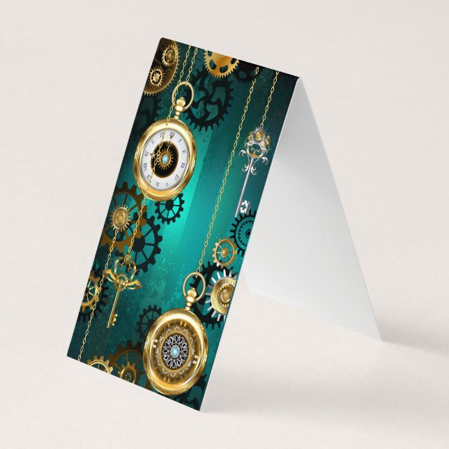 Steampunk Jewelry Watch on a Green Background Business Card (Back)
