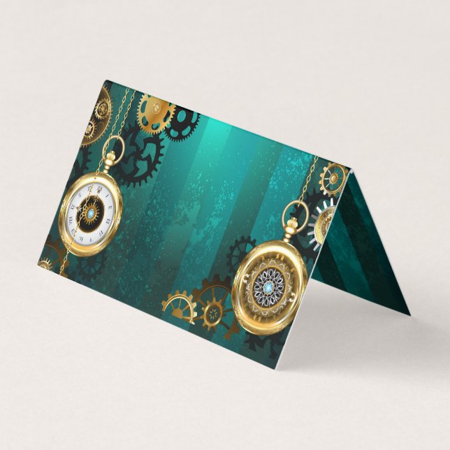 Steampunk Jewelry Watch on a Green Background Business Card (Front)