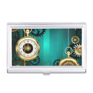 Steampunk Jewelry Watch on a Green Background Business Card Case