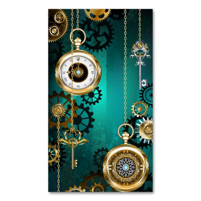 Steampunk Jewelry Watch on a Green Background Business Card Magnet (Front Vertical)
