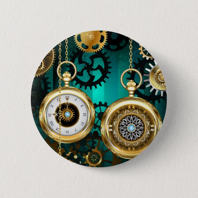 Steampunk Jewelry Watch on a Green Background Button (Front)