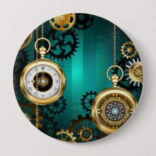 Steampunk Jewelry Watch on a Green Background Button