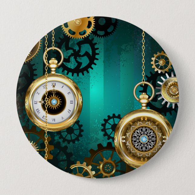 Steampunk Jewelry Watch on a Green Background Button (Front)