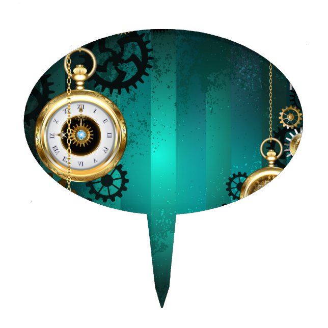 Steampunk Jewelry Watch on a Green Background Cake Topper (Front)