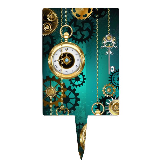 Steampunk Jewelry Watch on a Green Background Cake Topper (Front)