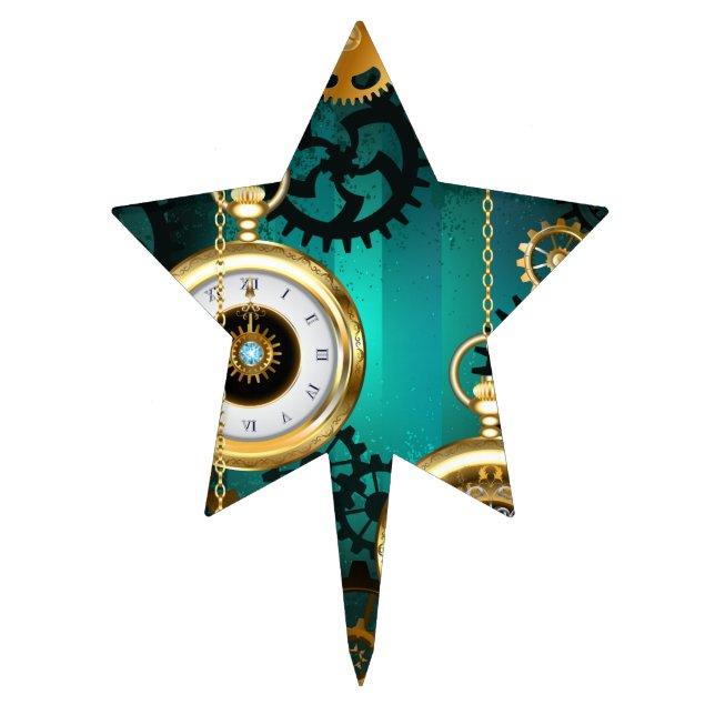 Steampunk Jewelry Watch on a Green Background Cake Topper (Front)