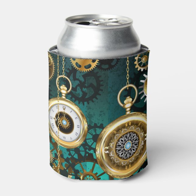 Steampunk Jewelry Watch on a Green Background Can Cooler (Can Front)