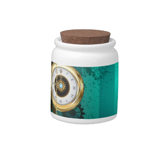 Steampunk Jewelry Watch on a Green Background Candy Jar (Left)
