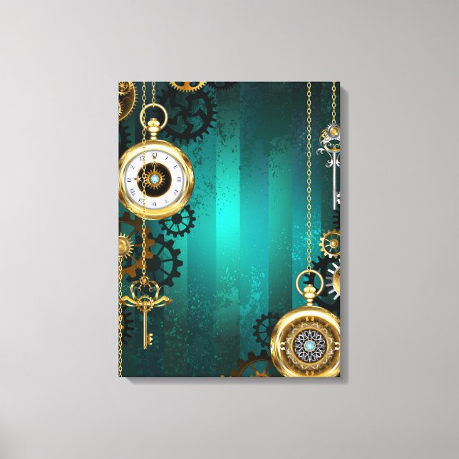 Steampunk Jewelry Watch on a Green Background Canvas Print (Front)