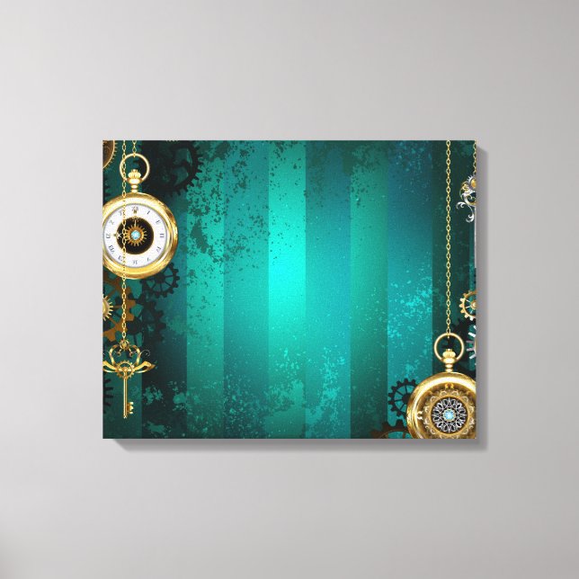 Steampunk Jewelry Watch on a Green Background Canvas Print (Front)
