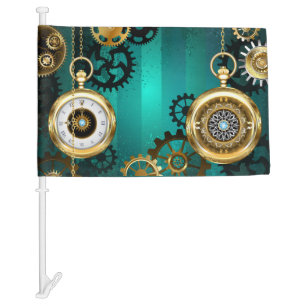 Steampunk Jewelry Watch on a Green Background Car Flag