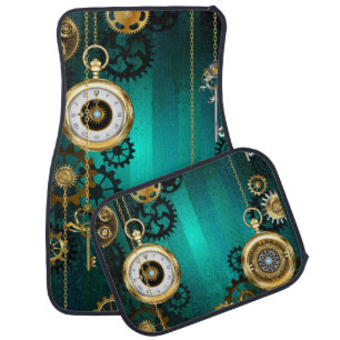 Steampunk Jewelry Watch on a Green Background Car Floor Mat