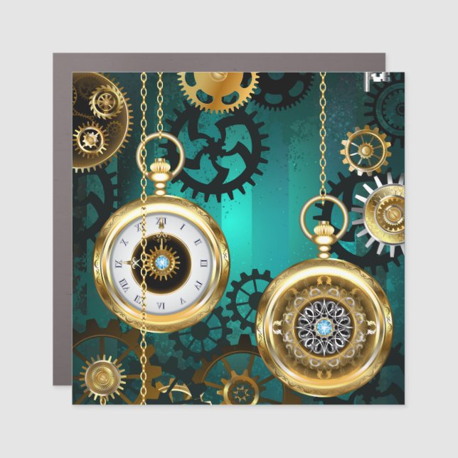 Steampunk Jewelry Watch on a Green Background Car Magnet (Front)