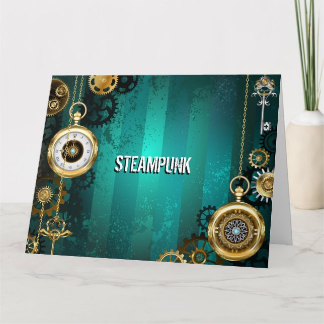 Steampunk Jewelry Watch on a Green Background Card (Front)