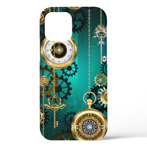 Steampunk Jewelry Watch on a Green Background iPhone 12 Case