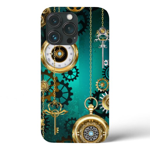 Steampunk Jewelry Watch on a Green Background iPhone 13 Pro Case