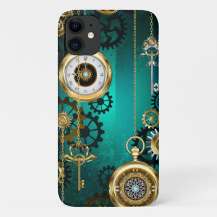 Steampunk Jewelry Watch on a Green Background iPhone 11 Case