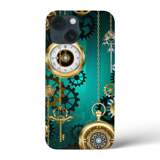 Steampunk Jewelry Watch on a Green Background iPhone 13 Mini Case