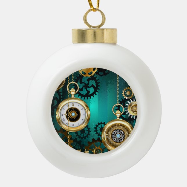 Steampunk Jewelry Watch on a Green Background Ceramic Ball Christmas Ornament (Front)