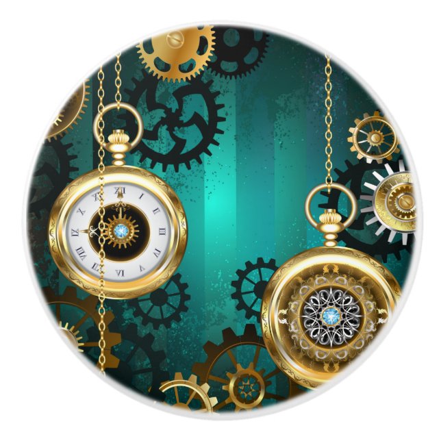 Steampunk Jewelry Watch on a Green Background Ceramic Knob (Front)